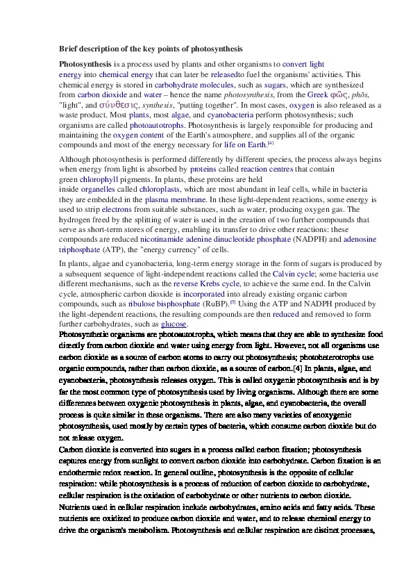 Brief description of the key points of photosynthesis