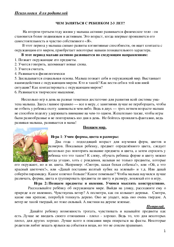 Обложка для материала Консультация для родителей - Чем заняться с ребенком 2-3 лет?