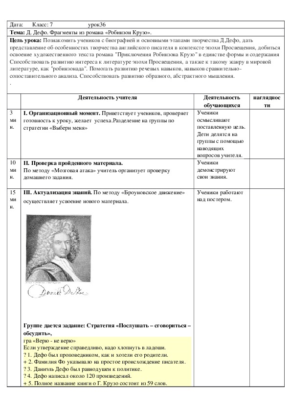 Русская литература 7 класс Д. Дефо "Робинзон Крузо" (фрагменты из романа)