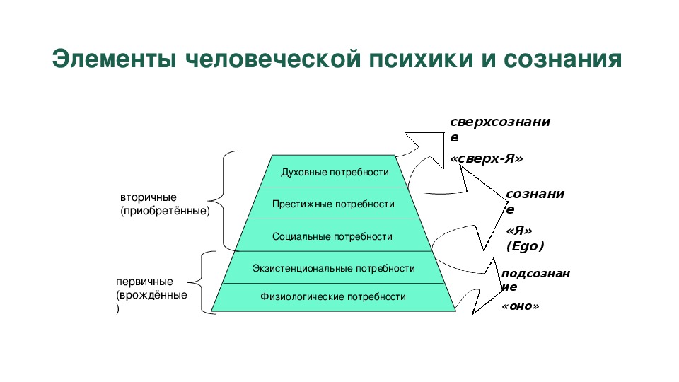 Компоненты сознания. Схема соотношения психики и сознания. Соотношение понятий психика и сознание. Основные элементы человеческой психики.