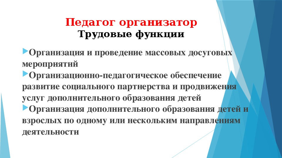 Должностная инструкция педагога организатора в школе. Функции педагога организатора.