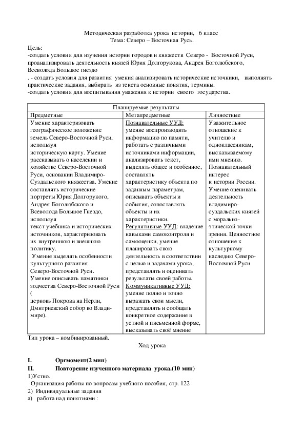Методическая разработка урока истории  на тему  "Северо - Восточная Русь"(6 класс, история)