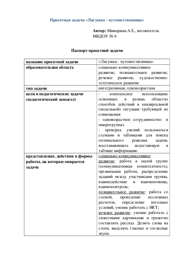 Проектная задача в детском саду "Лягушка - путешественница"