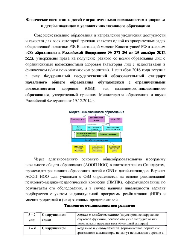 Физическое воспитание детей с ОВЗ и детей-инвалидов в условиях инклюзивного образования