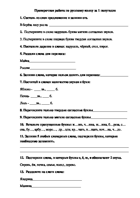 Проверочная работа по русскому языку              2 класс