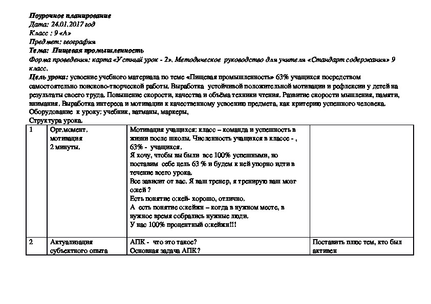 Урок "Пищевая промышленность Казахстана" 9 класс