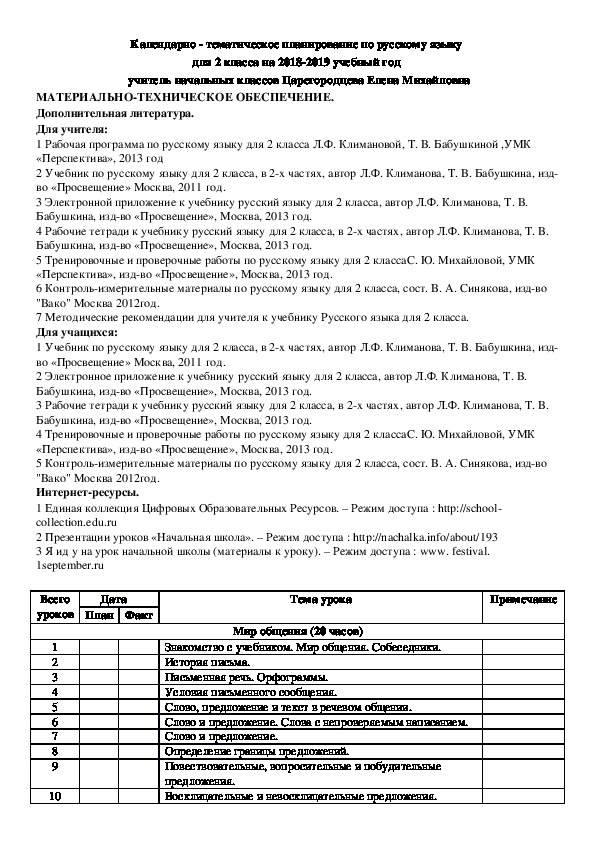 КТП по русскому языку 2 класс программа Перспектива