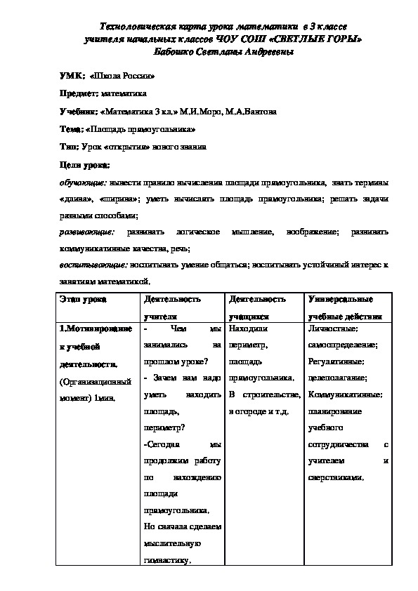 Конспект урока по математике в 3 классе по теме «Площадь прямоугольника»