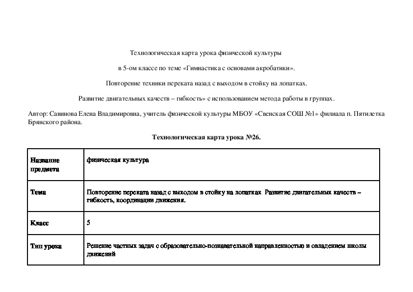 Технологическая карта спортивного мероприятия в начальной школе