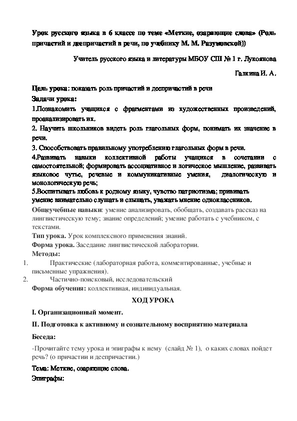 Конспект урока по русскому языку "Меткие, озаряющие слова" (6 класс)