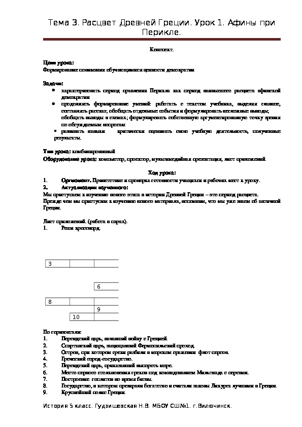 Конспект урока по истории на тему "Афины при Перикле" ( 5 класс, история)