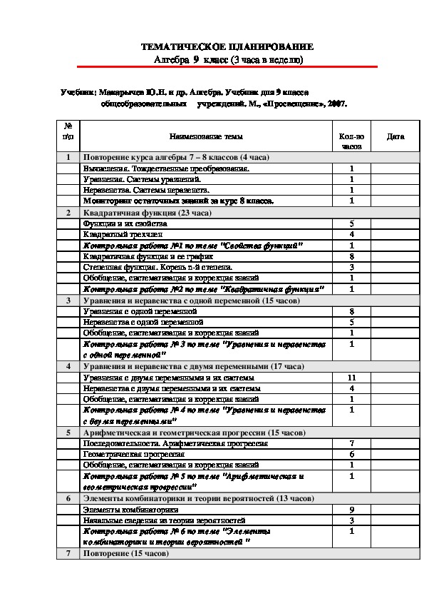 Тематическое планирование 8 класс алгебра