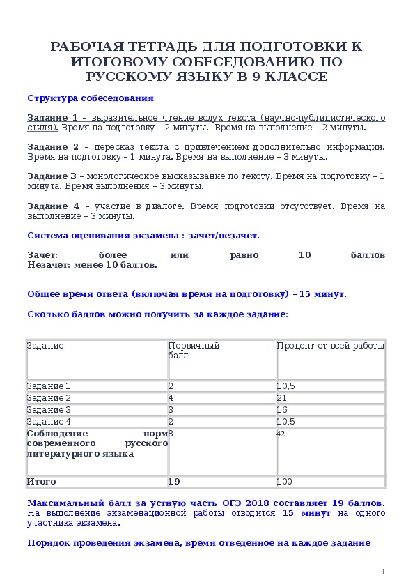 Рабочая тетрадь для подготовки к итоговому тестированию по русскому языку в 9 классе