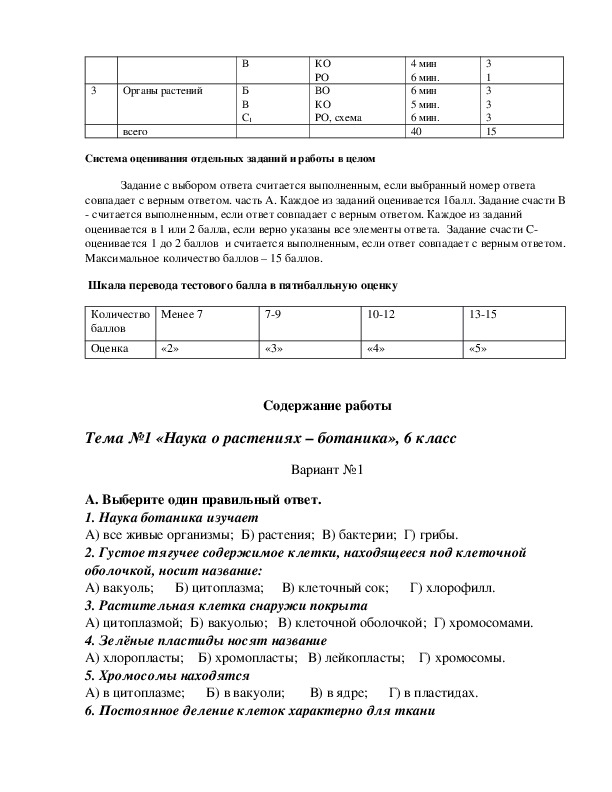 Контрольная работа по биологии 6 класс полугодие