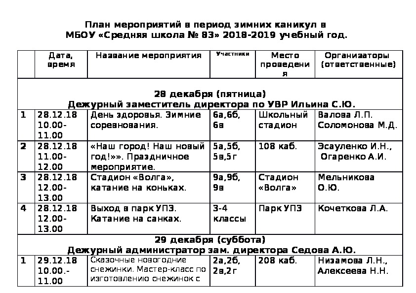 Документация по проведению зимних каникул в ОУ.