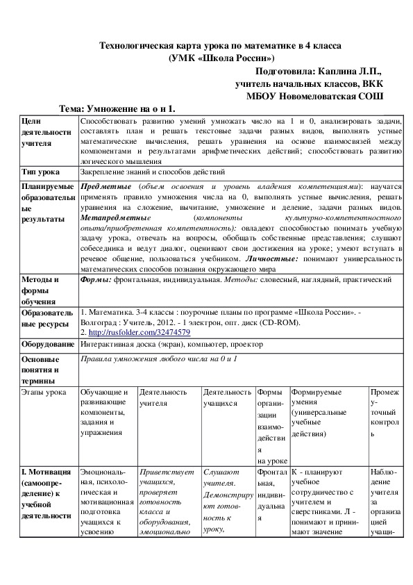 Конспект урока  по математике  в 4 классе по теме  "Умножение на 0 и 1"  к УМК "Школа России".