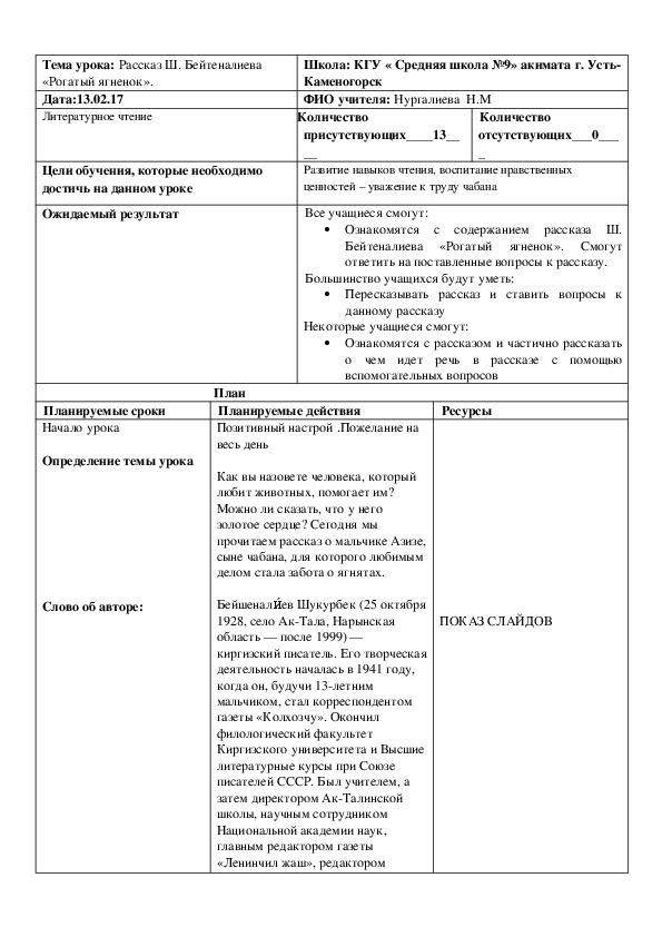 Конспект урока по литературному чтению на тему "Рассказ Ш. Бейтеналиева «Рогатый ягненок». (2 класс , литературное чтение)