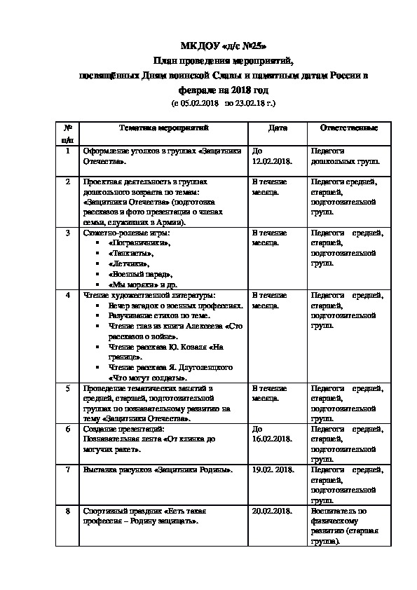 План проведения мероприятий, посвящённых Дням воинской Славы и памятным датам России в феврале на 2018 год