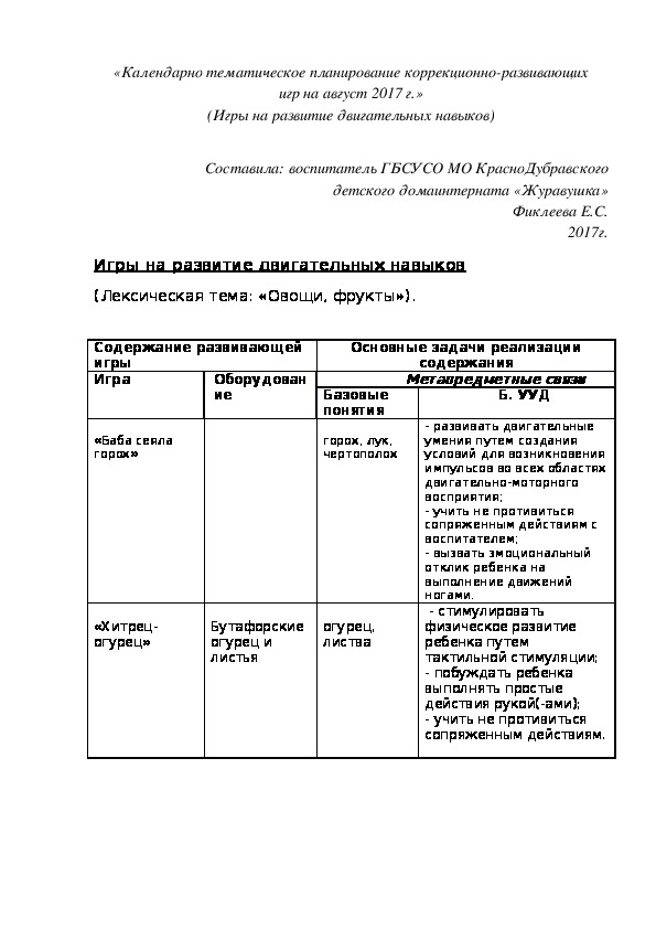 Обложка для материала «Календарно¬ тематическое планирование коррекционно-развивающих игр на август 2017 г.» (Игры на развитие двигательных навыков)