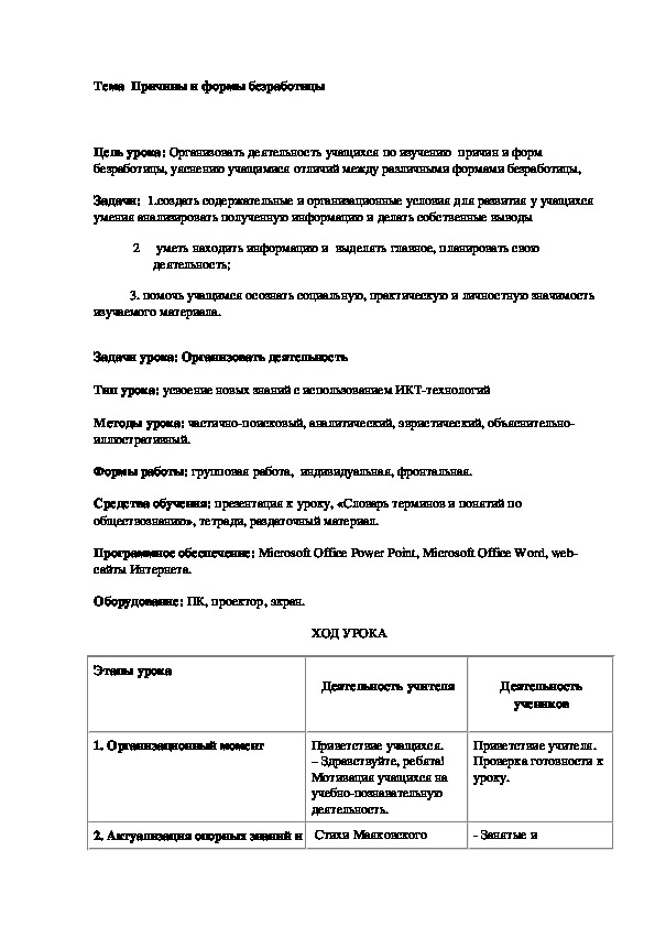 Разработка урока по экономике на тему: "Причины и формы безработицы" ( 11 класс, экономика)