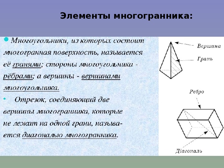 Сколько граней ребер вершин и диагоналей у каждого из изображенных на рисунке многогранников