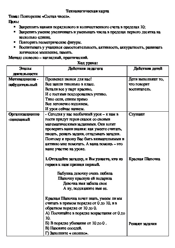 Открытый урок по математике на тему «Состав чисел».