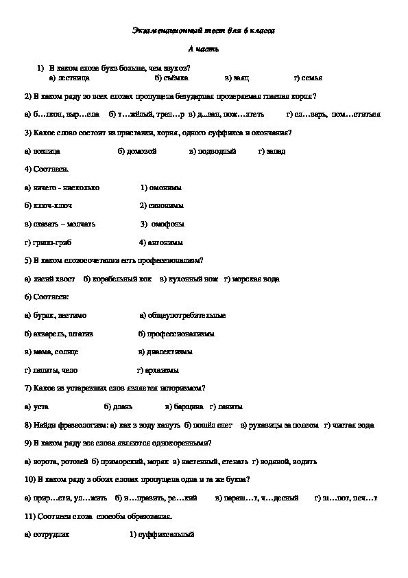 Итоговый тест по русскому языку для 6 класса ФГОС