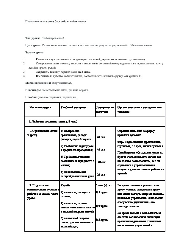 План конспект урока по баскетболу 5 класс