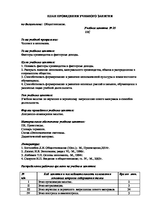 Методическая разработка учебного занятия по обществознанию по теме «Факторы производства и факторные доходы»