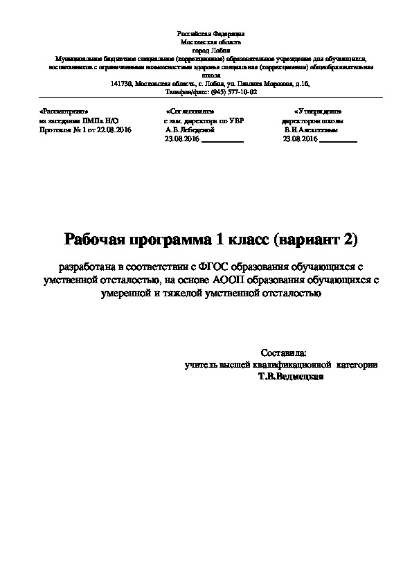 Рабочая программа 1 класс (вариант 2) в соответствии с ФГОС НОО на основе АООП.