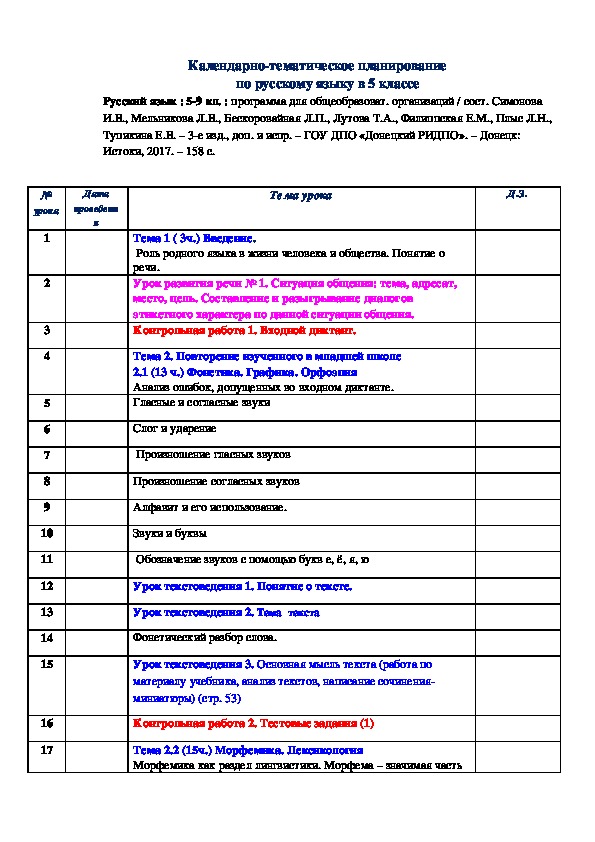 Тематический план по русскому языку 5 класс