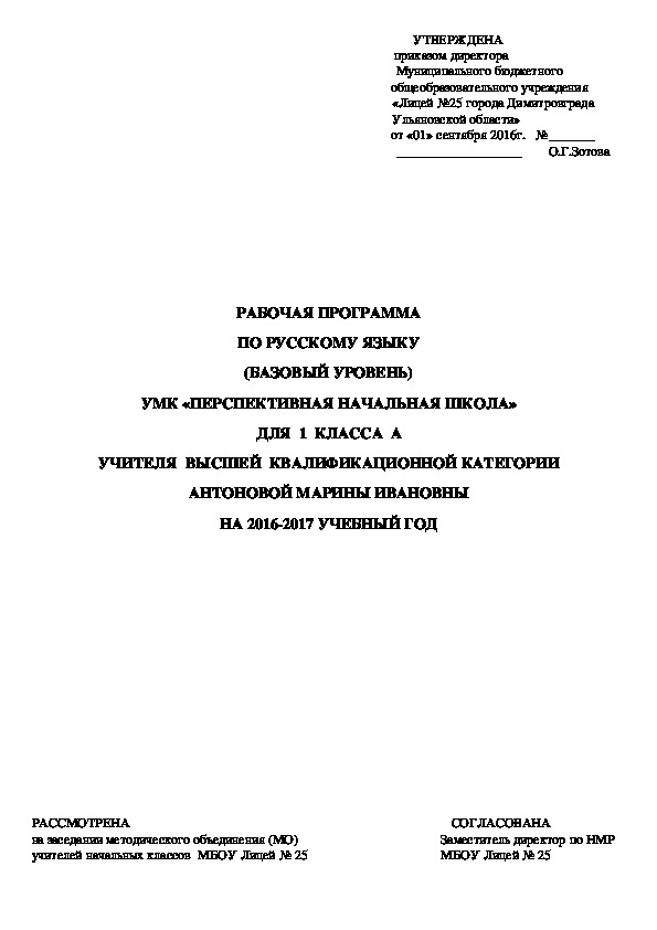 Рабочая программа по русскому языку в 1 классе (ПНШ)