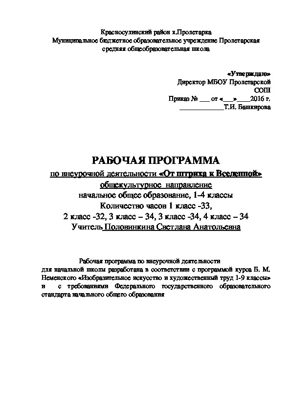 Программа внеурочной деятельности "От штриха к Вселенной" (ИЗО и художественный труд)