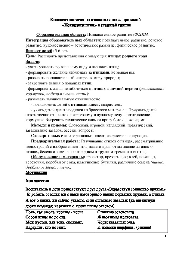 Обложка для материала Конспект занятия по ознакомлению с природой "Покормим птиц" в старшей группе
