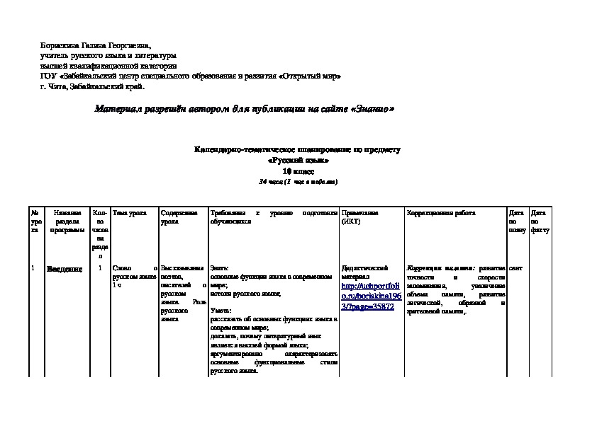 Обложка для материала Календарно-тематическое планирование по предмету «Русский язык» 10 класс