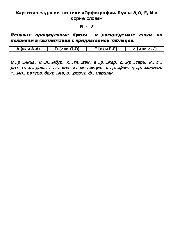 Карточка-задание  по теме «Орфография. Буква А,О, Е, И в корне слова» В  -  2
