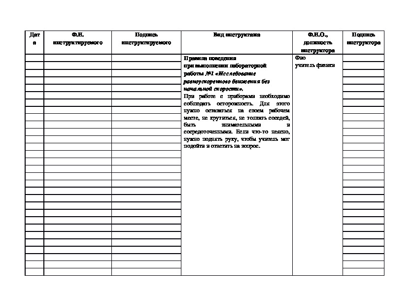 Образец заполнения техники безопасности