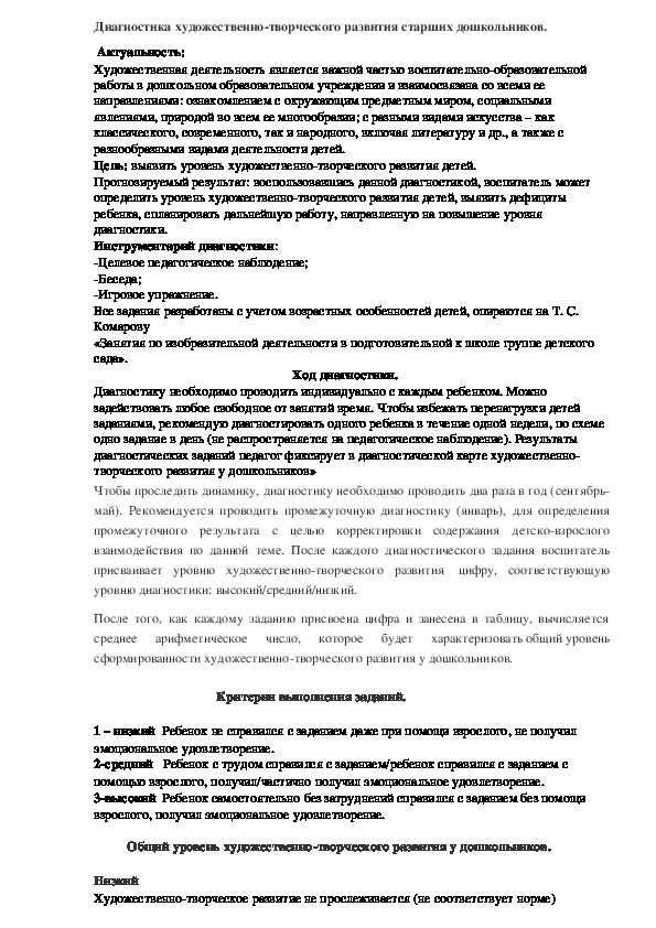 Диагностика художественно-творческого развития старших дошкольников.