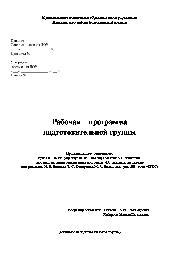 Рабочая программа подготовительная