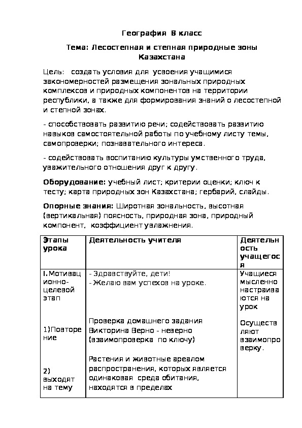 Поурочный материал на тему "Лесостепная и степная природные зоны Казахстана". (8 класс, география)