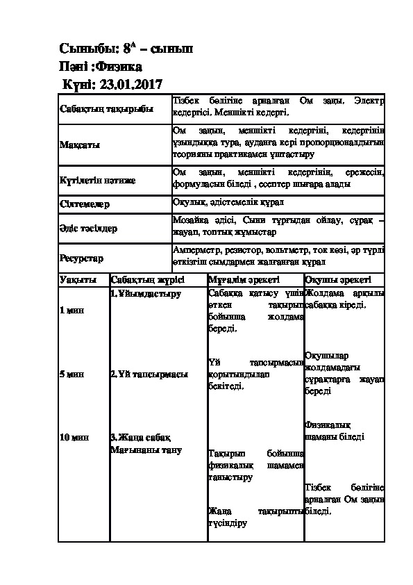 Физикадан ашык сабак "Тізбек болігіне арналган Ом заны. Электр кедергісі. Меншікті кедергі."