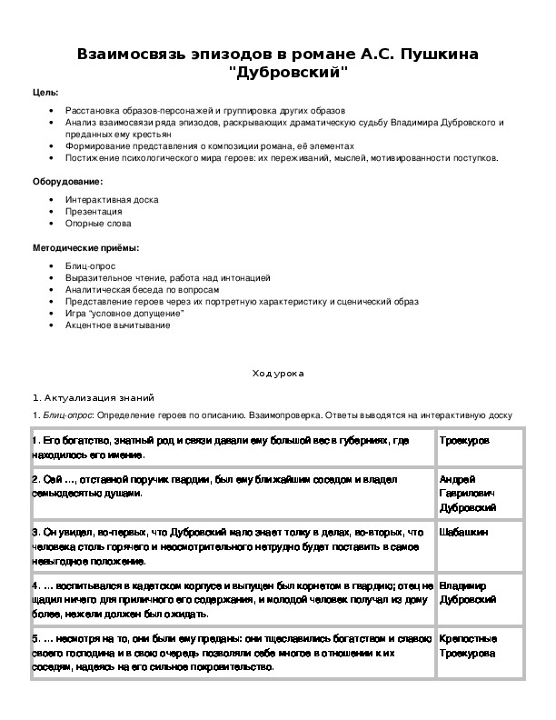 Обложка для материала Взаимосвязь эпизодов в романе А.С. Пушкина "Дубровский"