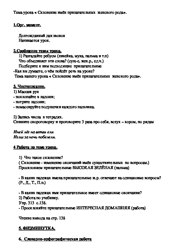 Конспект урока по русскому языку на тему: «Склонение имён прилагательных  женского рода».