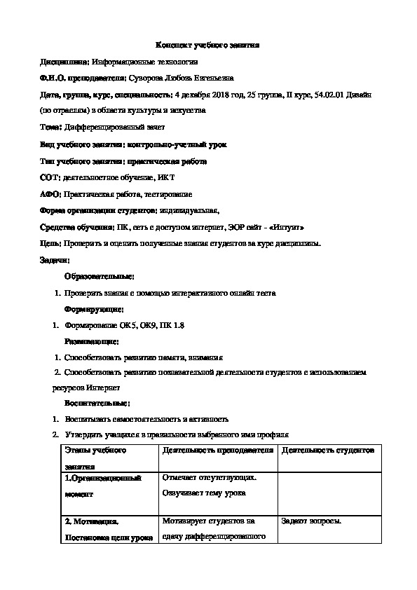 Конспект урока по дисциплине Информационные технологии для специальности дизайн