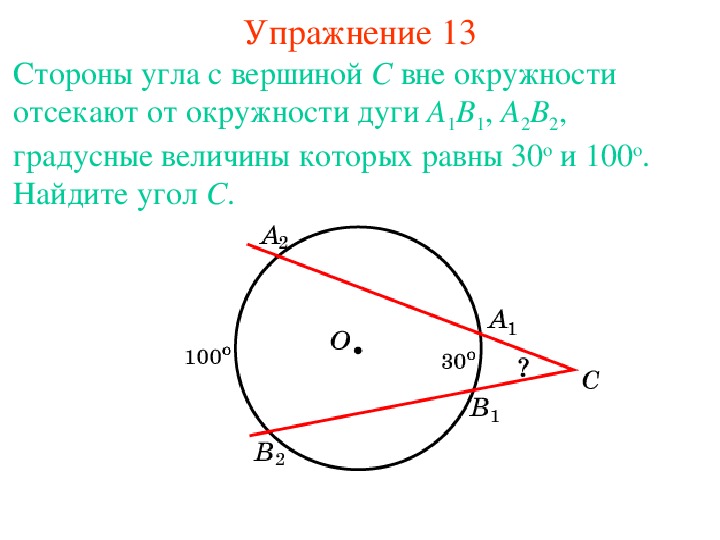 Величина дуги равна. Угол с вершиной вне окружности. Угол вне окружности опирается на дугу.