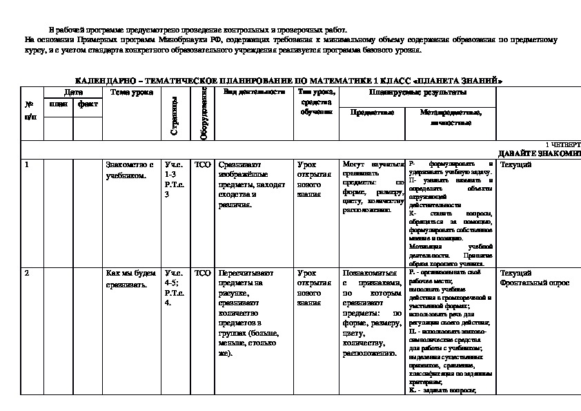 Календарно тематический план по математике 1 класс