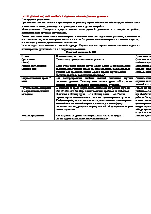 Урок по технологии 6 класс . «Построение чертежа швейного изделия с цельнокроеным рукавом».