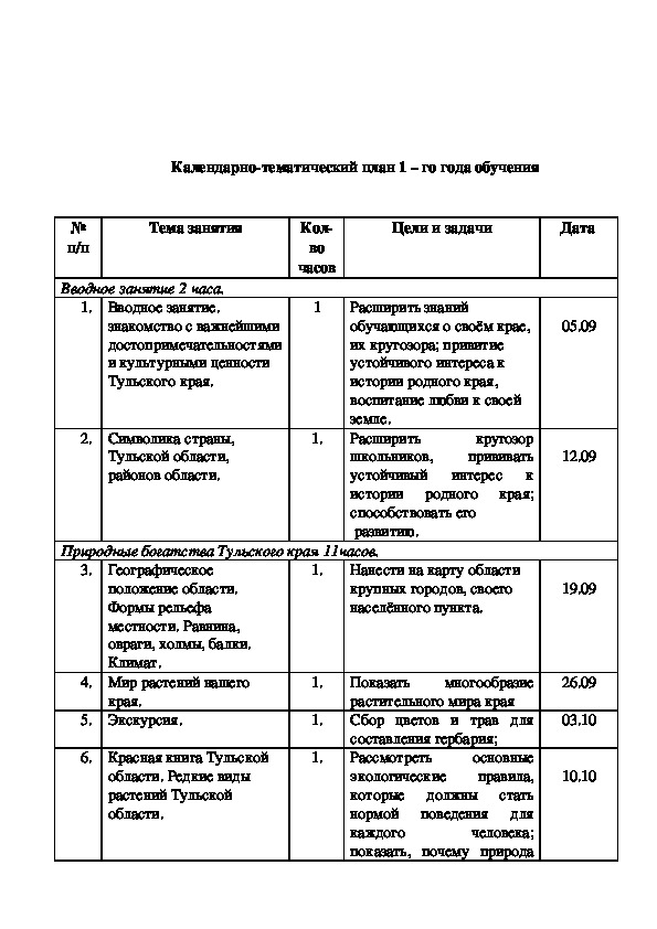 План работы кружка краевед