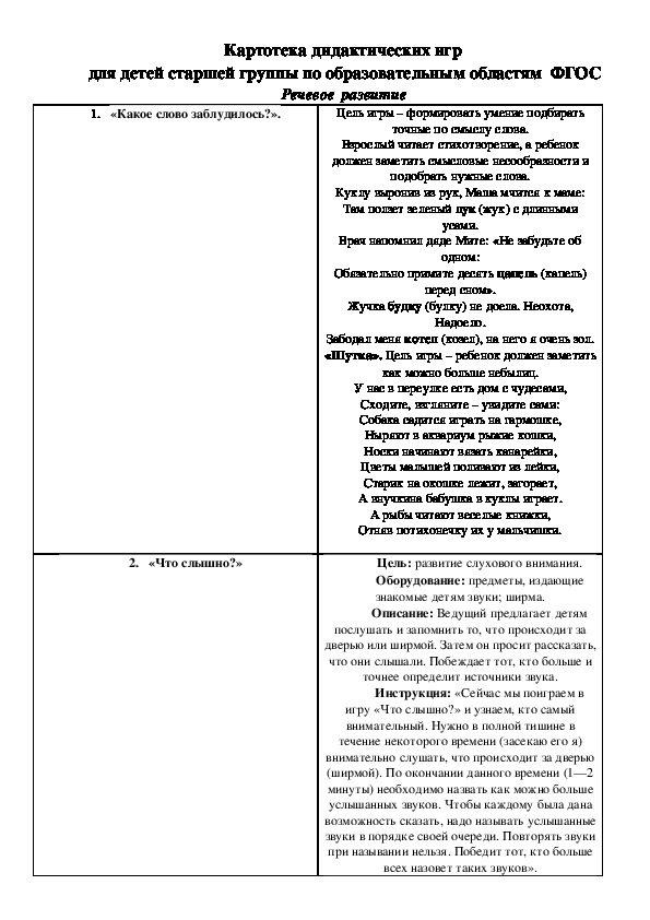 Картотека дидактических игр  для детей старшей группы по образовательным областям  ФГОС