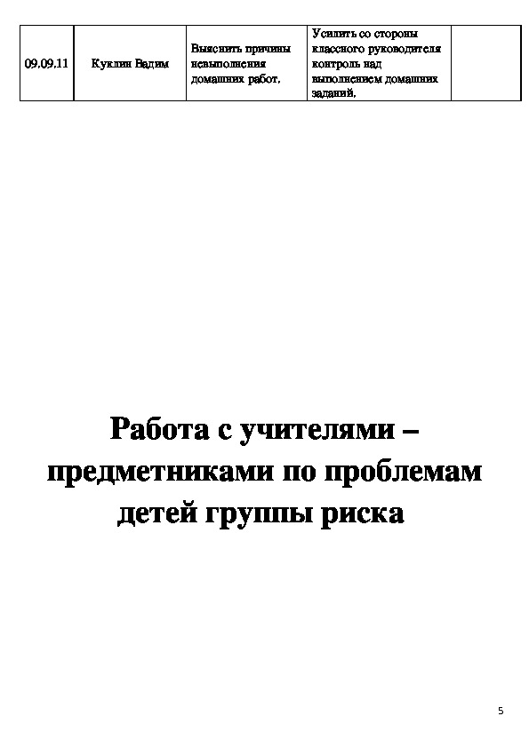 Индивидуальный план работы с детьми группы риска